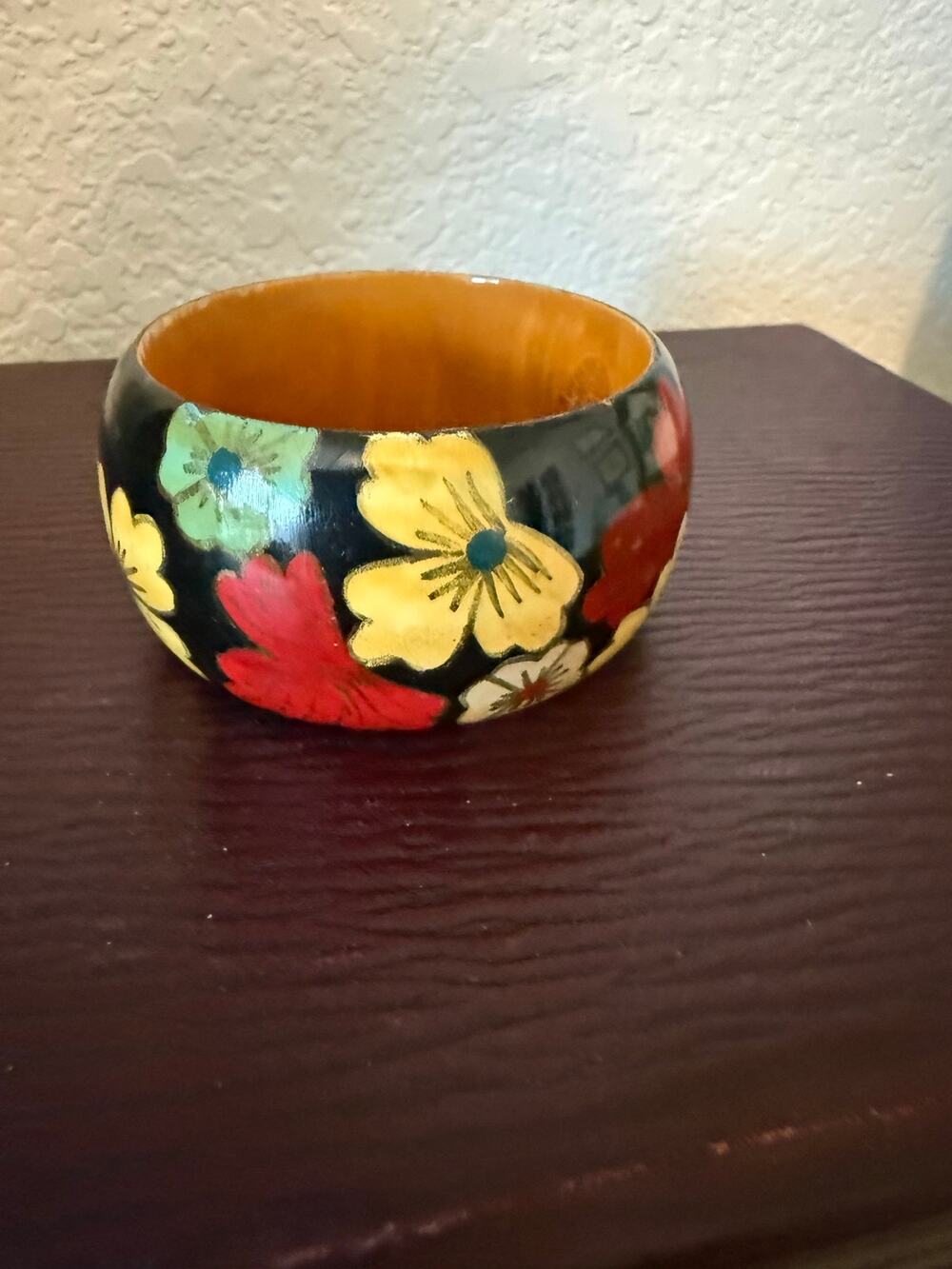 Vintage Hand Painted Wood Bangle Bracelet Made in India Floral Chunky Boho